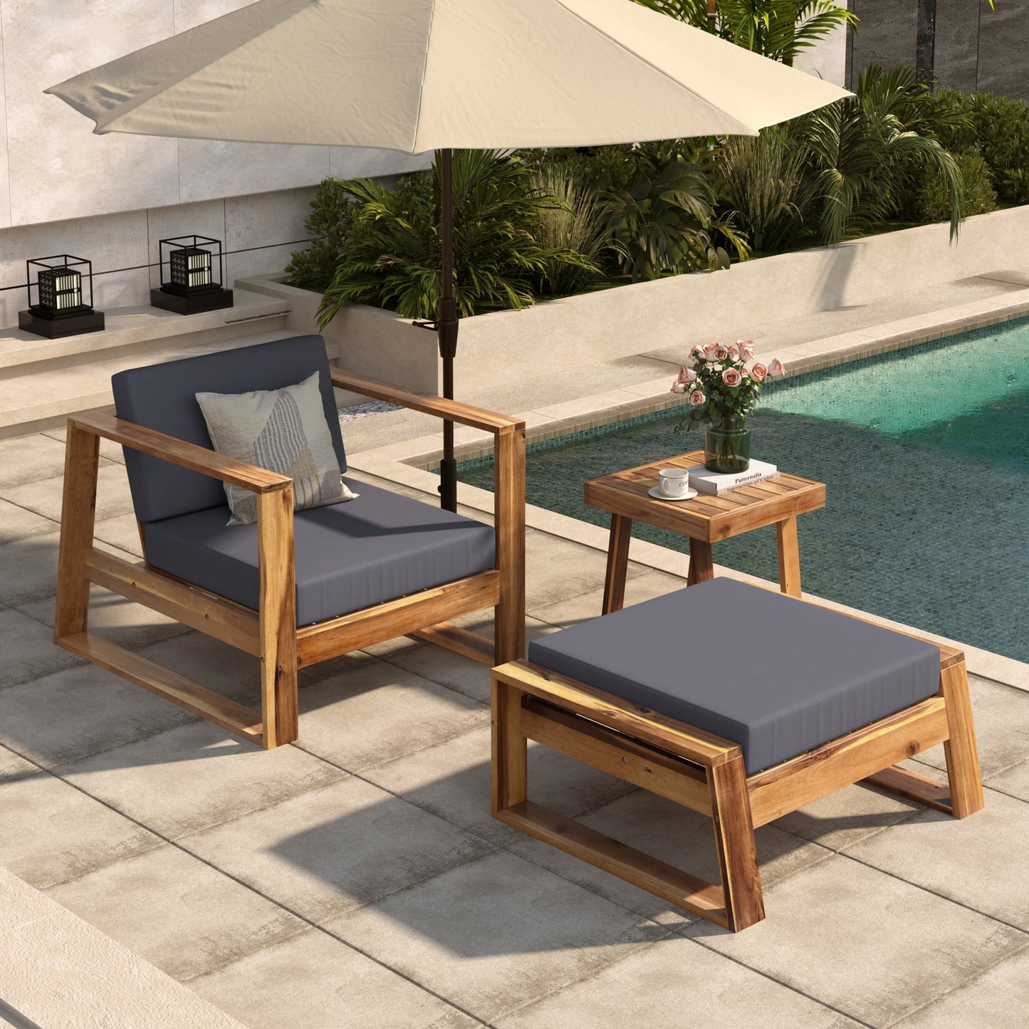 Harper & Bright Designs Wood Outdoor Lounge Chair & Ottoman Set, Modern Patio Seating Chaise with Solid Wood Frame & Water-Resistant for Backyard Poolside Garden, Natural+Beige