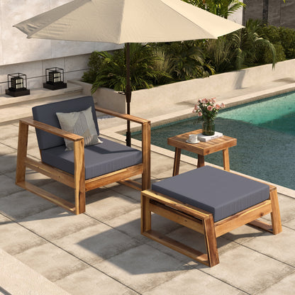 Harper & Bright Designs Wood Outdoor Lounge Chair & Ottoman Set, Modern Patio Seating Chaise with Solid Wood Frame & Water-Resistant for Backyard Poolside Garden, Natural+Beige