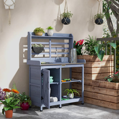Outsunny Wooden Potting Bench, Outdoor Potting Table with Storage Cabinet, Storage Shelves, Sink, Water Tap for Backyard, Patio, Balcony, Gray