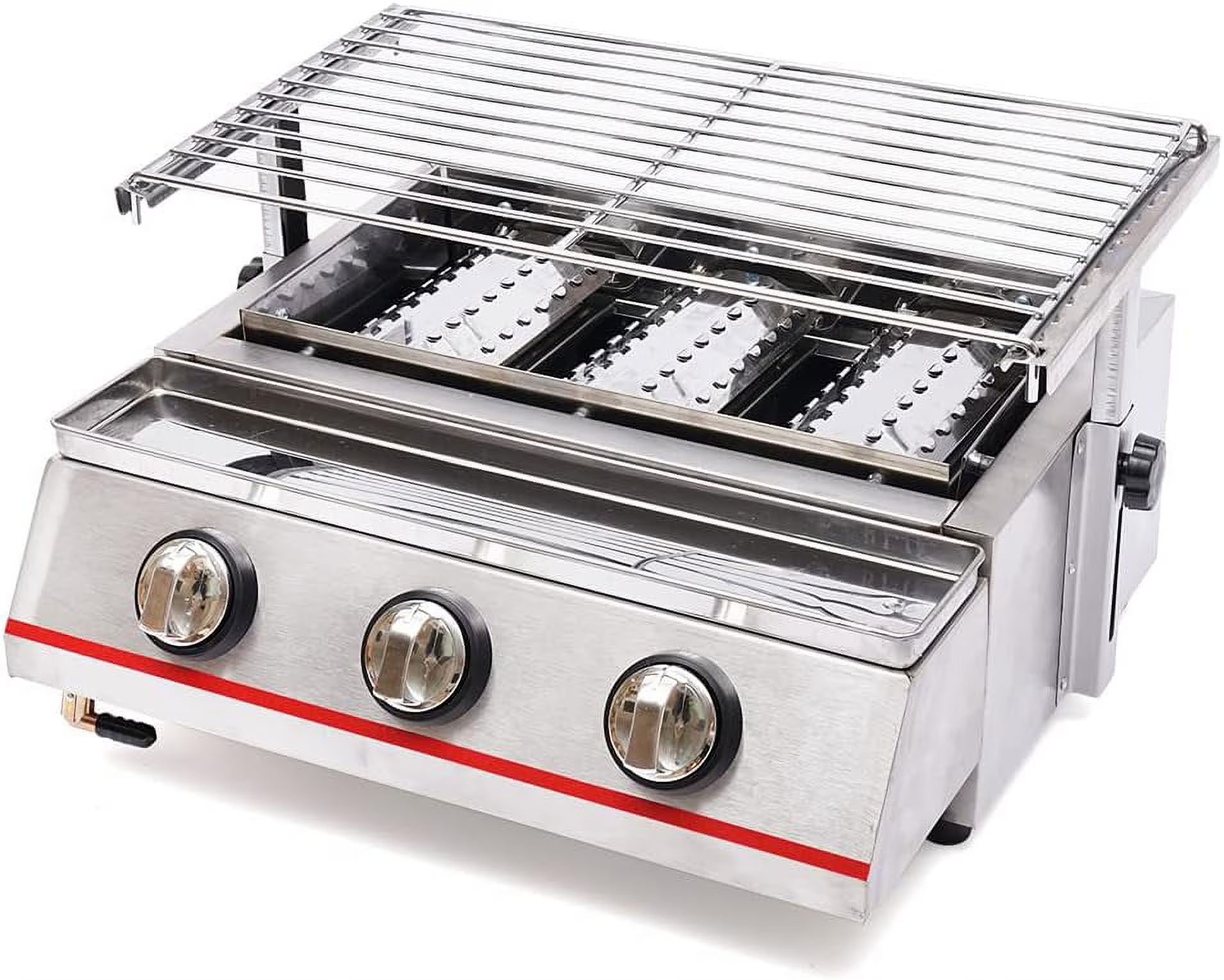Outdoor Portable Gas Grill,3-Burner Outdoor BBQ Tabletop Cooker,Efficient Heating Gas Grill with Vertical Cooking Stainless Steel LPG Barbecue Perfect for Patio Garden Picnic Backyard Barbecue