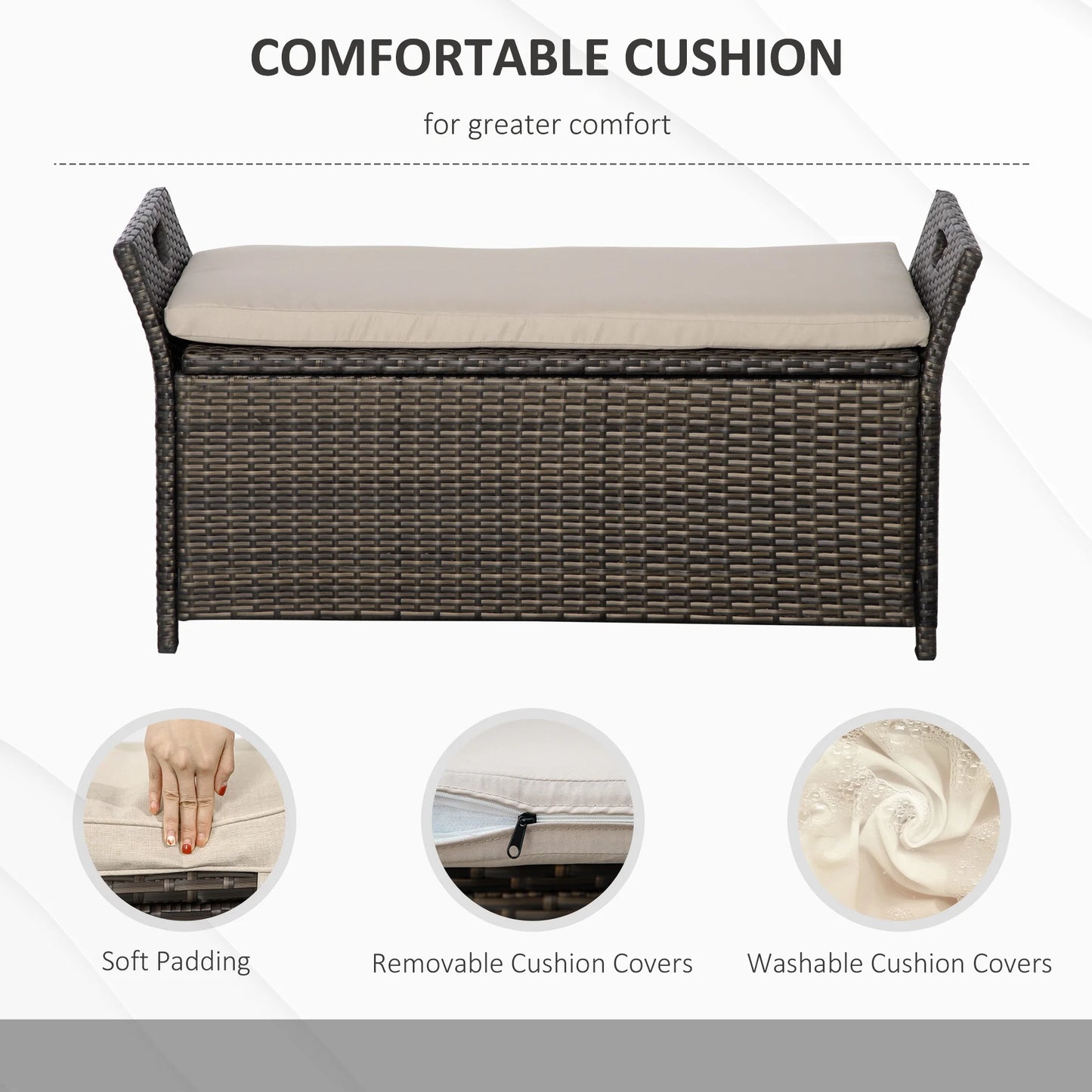 DUOSONG Outsunny 27 Gallon Patio Wicker Storage Bench, Outdoor Pe Rattan Patio Furniture, 2-In-1 Large Capacity Rectangle Garden Storage Box With Handles And Cushion, Cream White Brown+White Steel