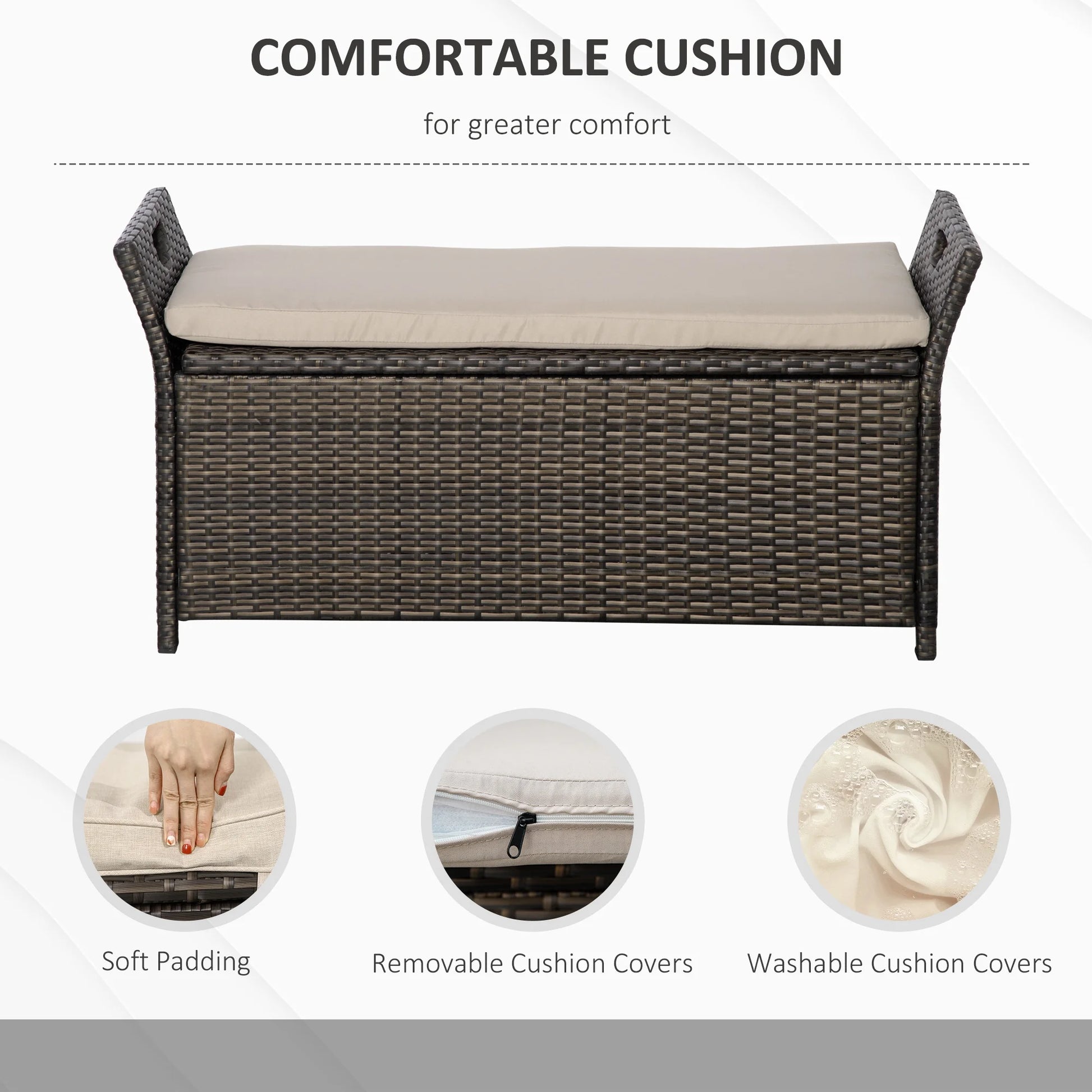 DUOSONG Outsunny 27 Gallon Patio Wicker Storage Bench, Outdoor Pe Rattan Patio Furniture, 2-In-1 Large Capacity Rectangle Garden Storage Box With Handles And Cushion, Cream White Brown+White Steel