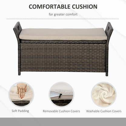 DUOSONG Outsunny 27 Gallon Patio Wicker Storage Bench, Outdoor Pe Rattan Patio Furniture, 2-In-1 Large Capacity Rectangle Garden Storage Box With Handles And Cushion, Cream White Brown+White Steel