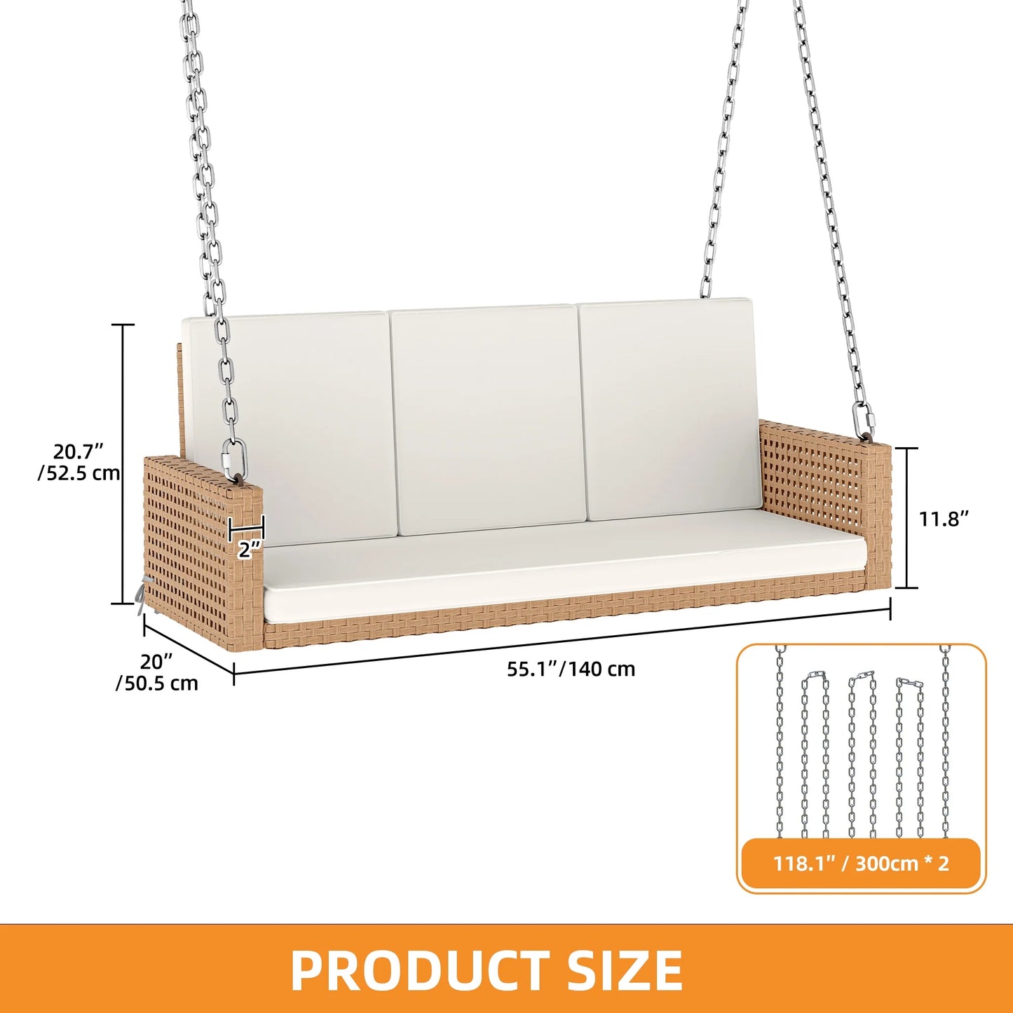 Craftian 2-Person Patio Hanging Porch Swing Rattan 800LBS Swing Bench w/Cushions