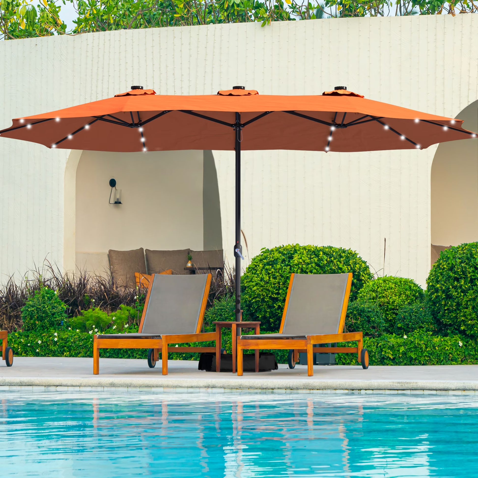 Mondawe 15ft Patio Umbrella Rectangular Outdoor Market Umbrella with Base and LED Lights Beige