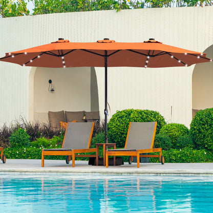 Mondawe 15ft Patio Umbrella Rectangular Outdoor Market Umbrella with Base and LED Lights Beige