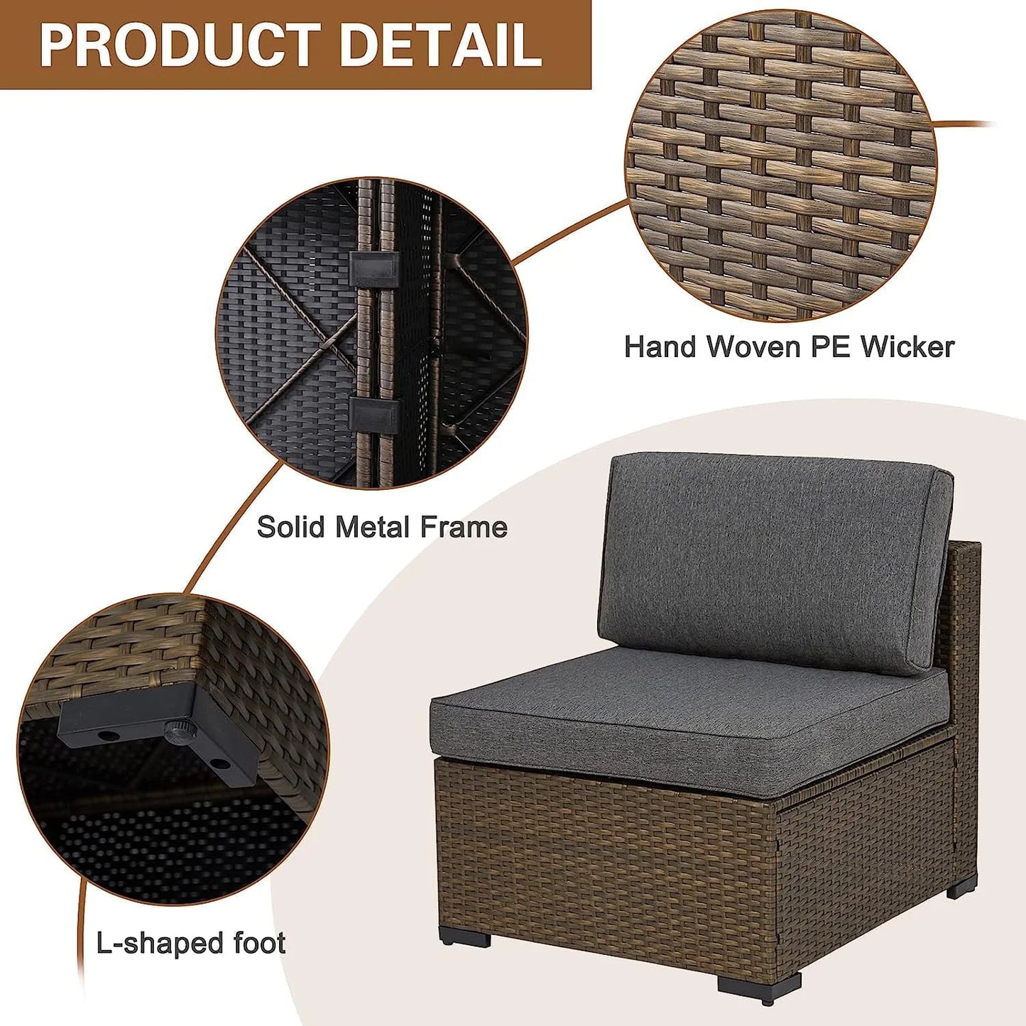 Kinbor 7pcs Outdoor Patio Rattan Wicker Furniture Sectional Sofa Set with Gray Cushions