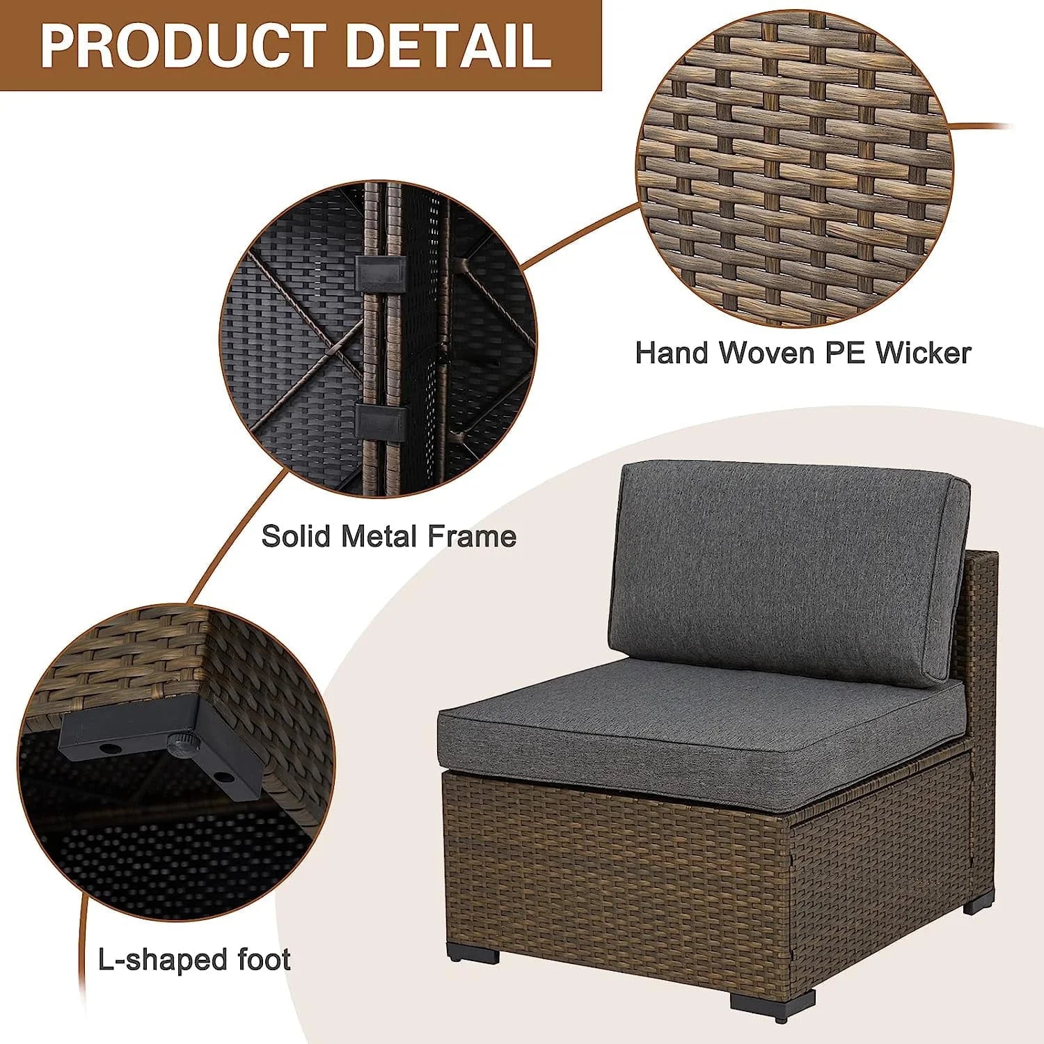 Kinbor 7pcs Outdoor Patio Rattan Wicker Furniture Sectional Sofa Set with Gray Cushions