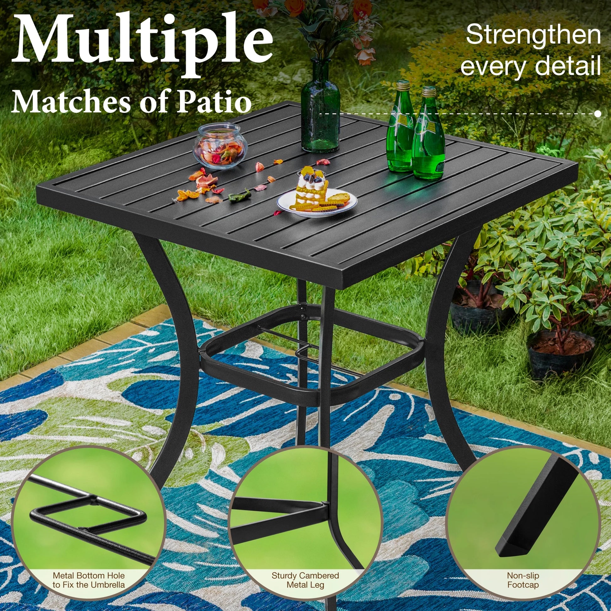 MF Studio 36"H Outdoor Counter Height Pub Table with Umbrella Hole, Patio Metal Bistro Bar Table, Black