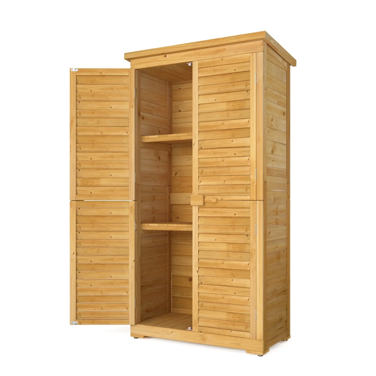 Asofer Outdoor Storage Cabinet, Garden Tool Shed with Removable Shelves & Asphalt Roof for Lawn, Patio, Natural