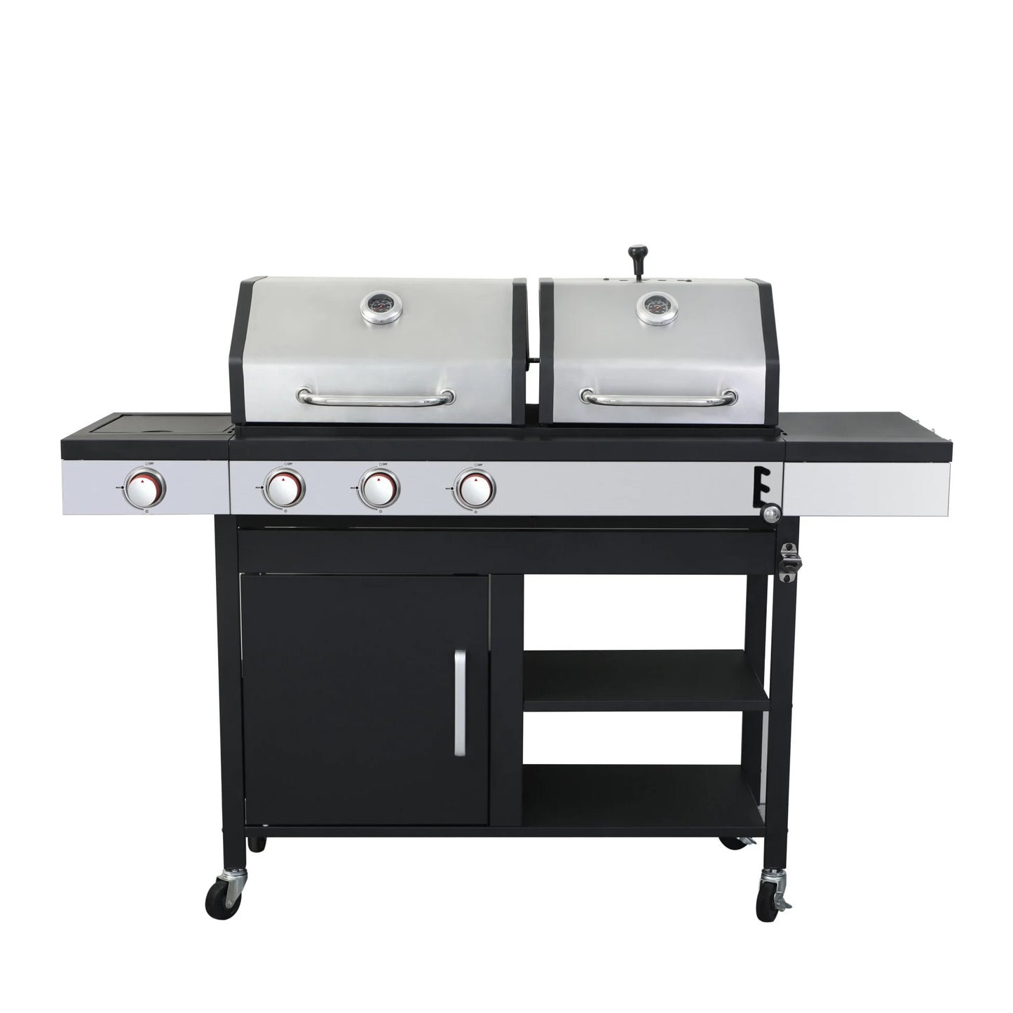 Dual Fuel Outdoor Grill 3 Burner Propane & Charcoal Combo with Side Burner & Porcelain Cast Iron Grates, 37,230 BTUs High-Performance BBQ Grill for Patio Backyard Cooking