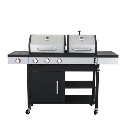 Dual Fuel Outdoor Grill 3 Burner Propane & Charcoal Combo with Side Burner & Porcelain Cast Iron Grates, 37,230 BTUs High-Performance BBQ Grill for Patio Backyard Cooking