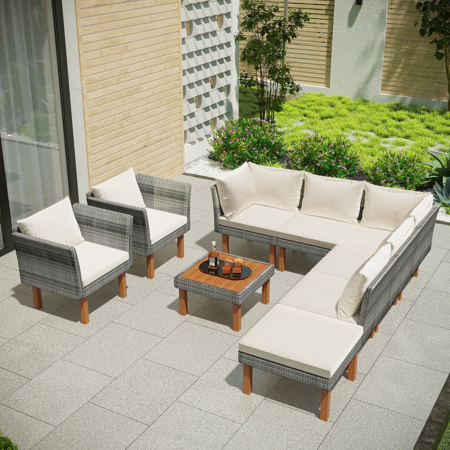 CoSoTower 9-Piece Outdoor Patio Garden Wicker Sofa Set, Gray PE Rattan Sofa Set, with Wood Legs, Acacia Wood Tabletop, Armrest Chairs with Beige Cushions