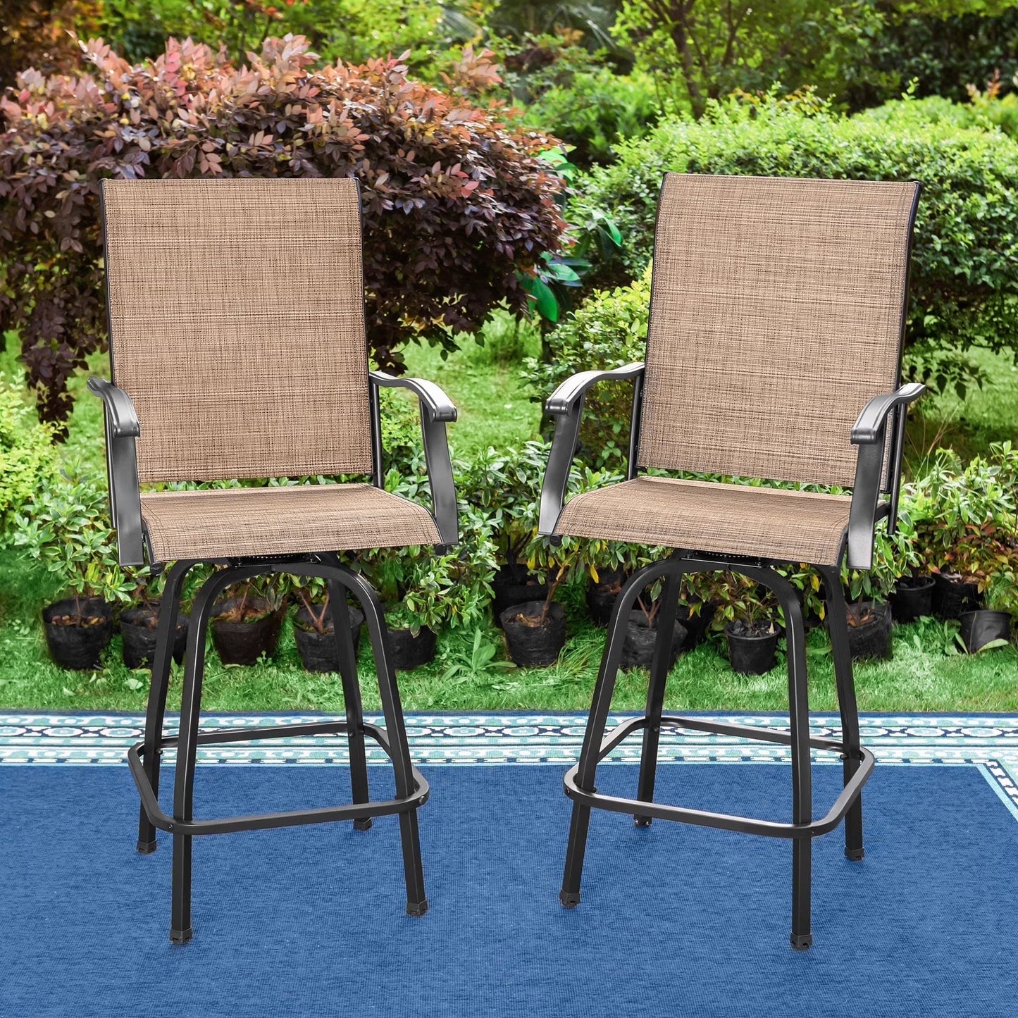 Summit Living 2-Piece High Top Outdoor Swivel Bar Stools, Patio Metal Frame Counter Height Chairs with Quick-Dry Textilene, Black & Brown