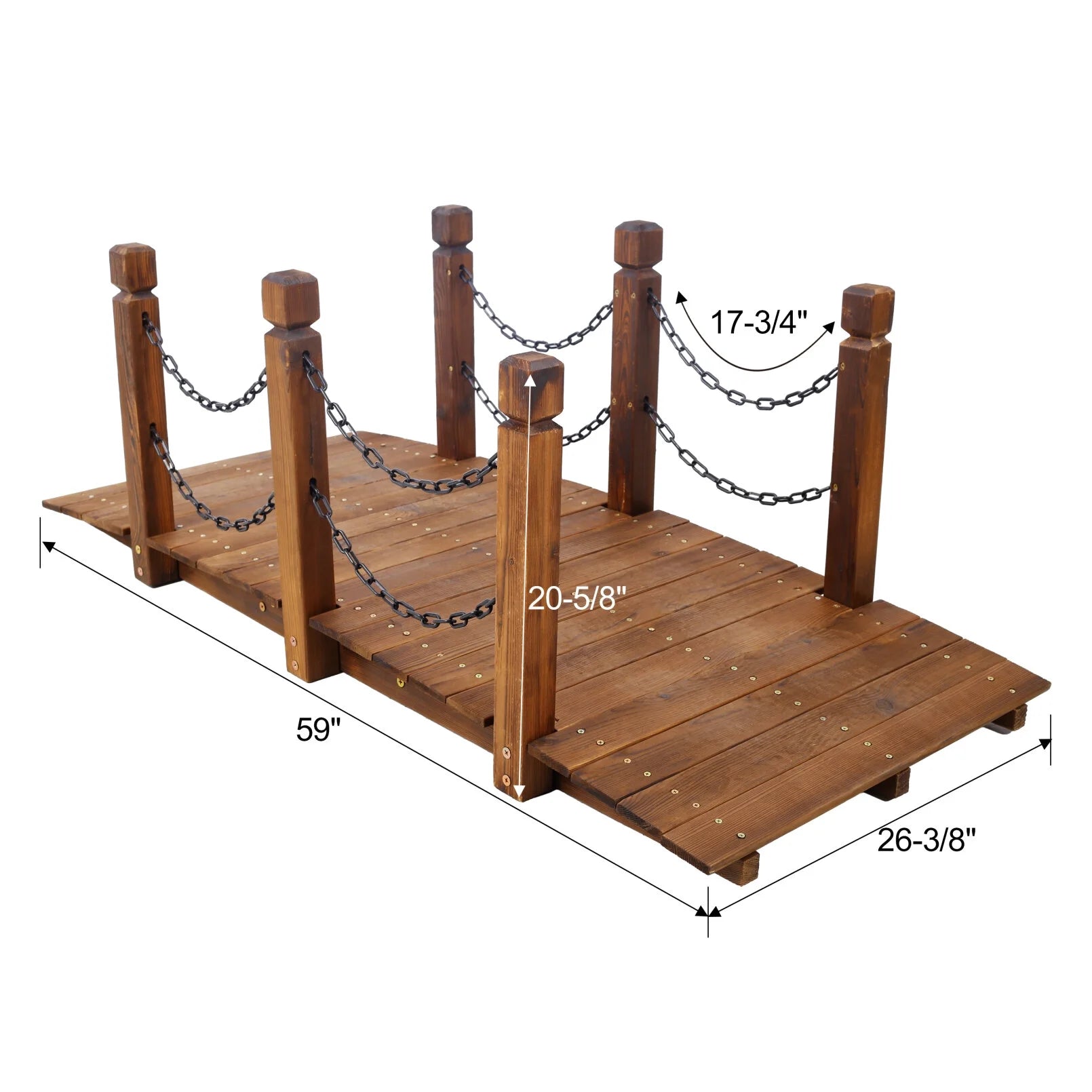 5 FT Wooden Garden Bridge, Stained Wood Arc Footbridge with Chain Railings, Outdoor Lawn Pond Bridge for Garden, Yard, Patio, Courtyard, Farm, Creek, Brown