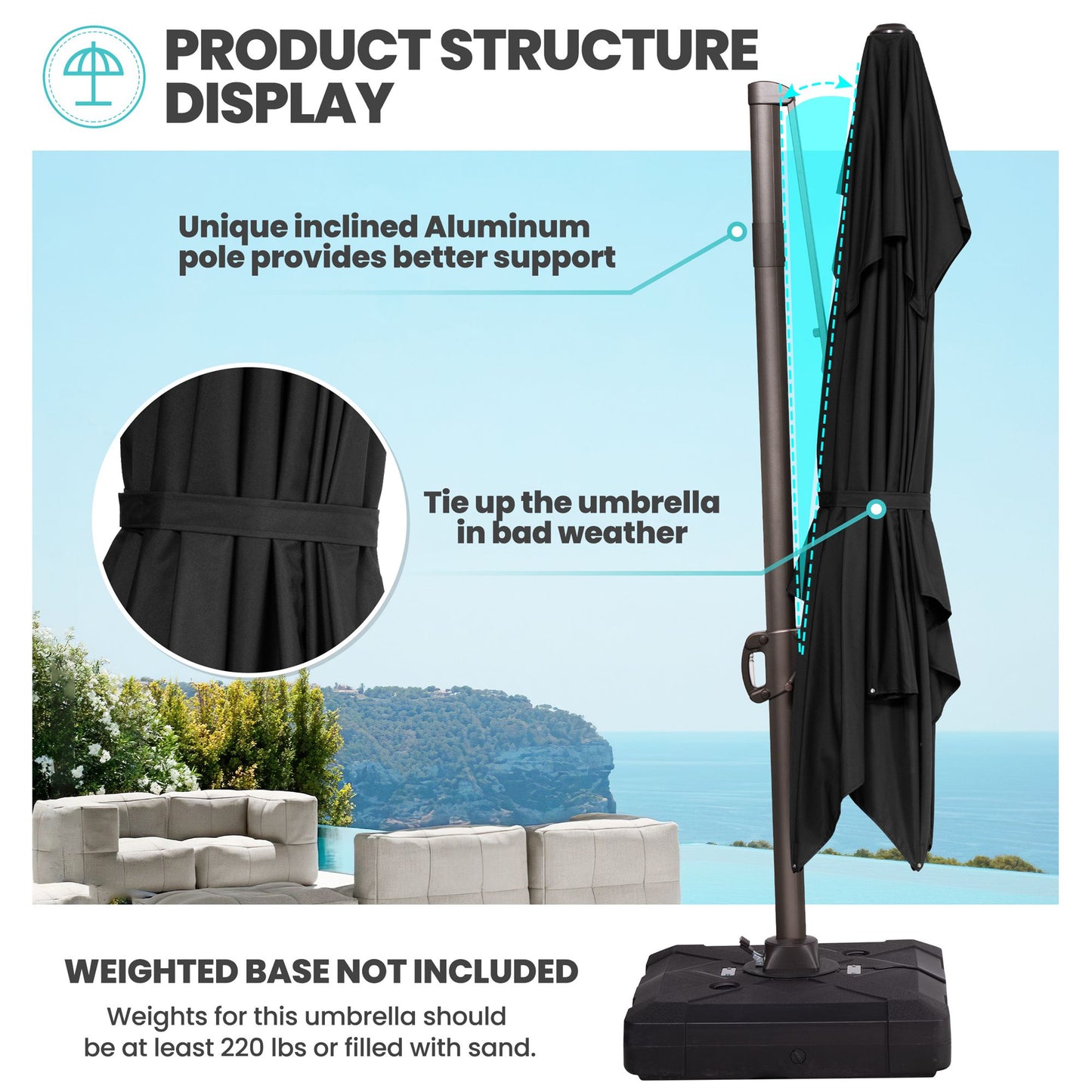 Pellebant 11 ft. x 9 ft. Rectangular Double Top Patio Cantilever Umbrella, Black