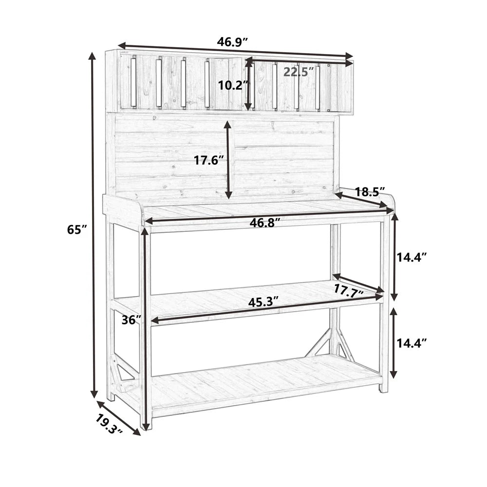 65" Outdoor Potting Bench Table, Farmhouse Wooden Garden Patio Workstation with 2 Upper Shelves, 2 Lower Shelves and 3 Side Hooks Multifunctional Work Bench Planting Table for Backyard Mudroom Natural