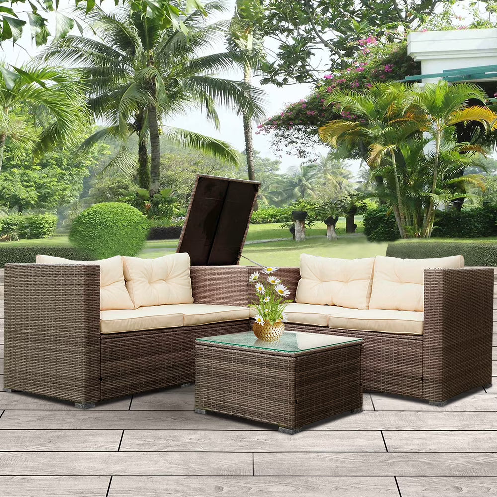 SEGMART 4 Piece Patio Furniture Set, All-Weather Outdoor Sectional Sofa Set, PE Rattan Conversation Set with Storage Box, Table & Cushions, Wicker Furniture Couch Set for Patio Deck Garden