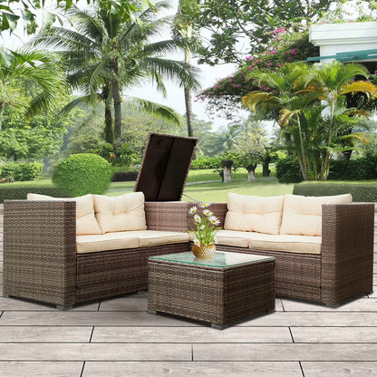 SEGMART 4 Piece Patio Furniture Set, All-Weather Outdoor Sectional Sofa Set, PE Rattan Conversation Set with Storage Box, Table & Cushions, Wicker Furniture Couch Set for Patio Deck Garden