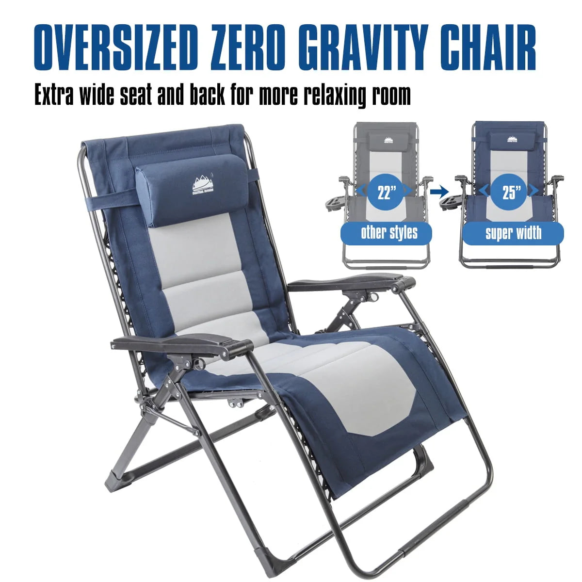 Coastrail Outdoor Oversized Zero Gravity Chair Wood Armrest Padded XXL Folding Patio Lounge Adjustable Recliner with Cup Holder & Side Table, 400lbs Weight Capacity, Blue