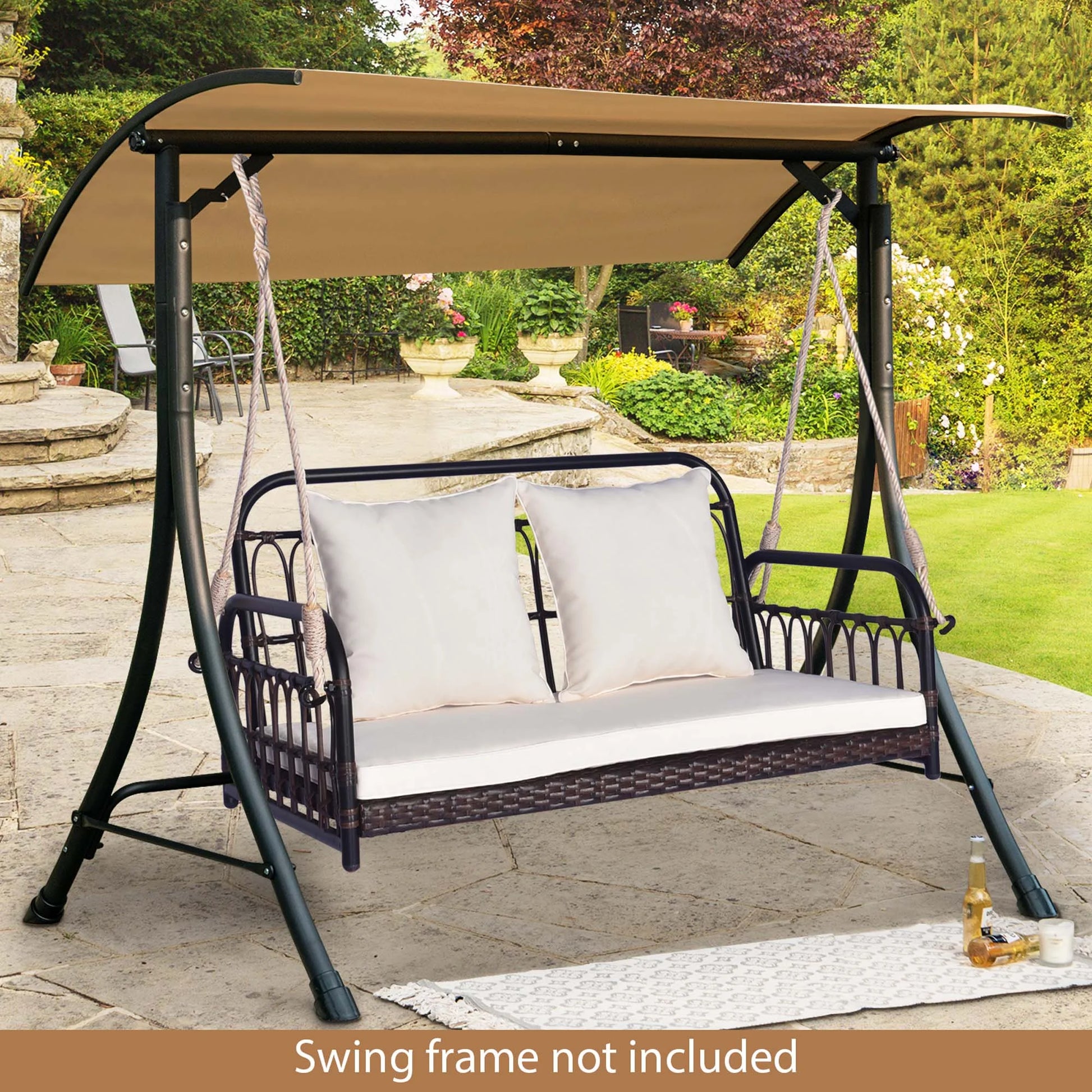 Costway Patio Swing Chair 2-Person Hanging Seat Outdoor Wicker Loveseat Cushioned Porch