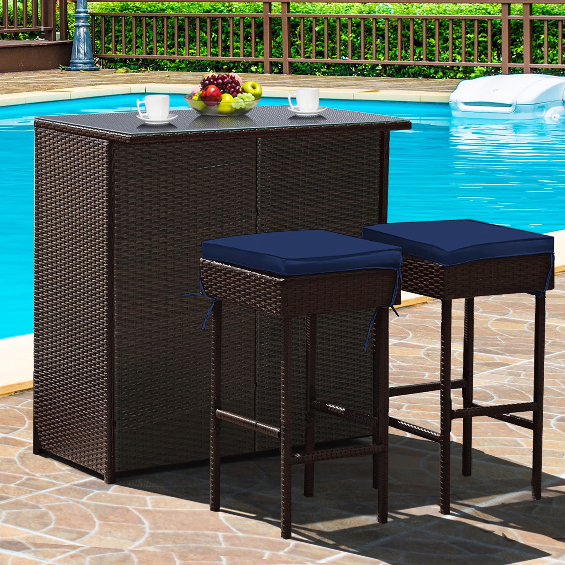 Costway Patio 3PCS Rattan Bar Table Stool Set Cushioned Chairs with Gray & Off white Cover