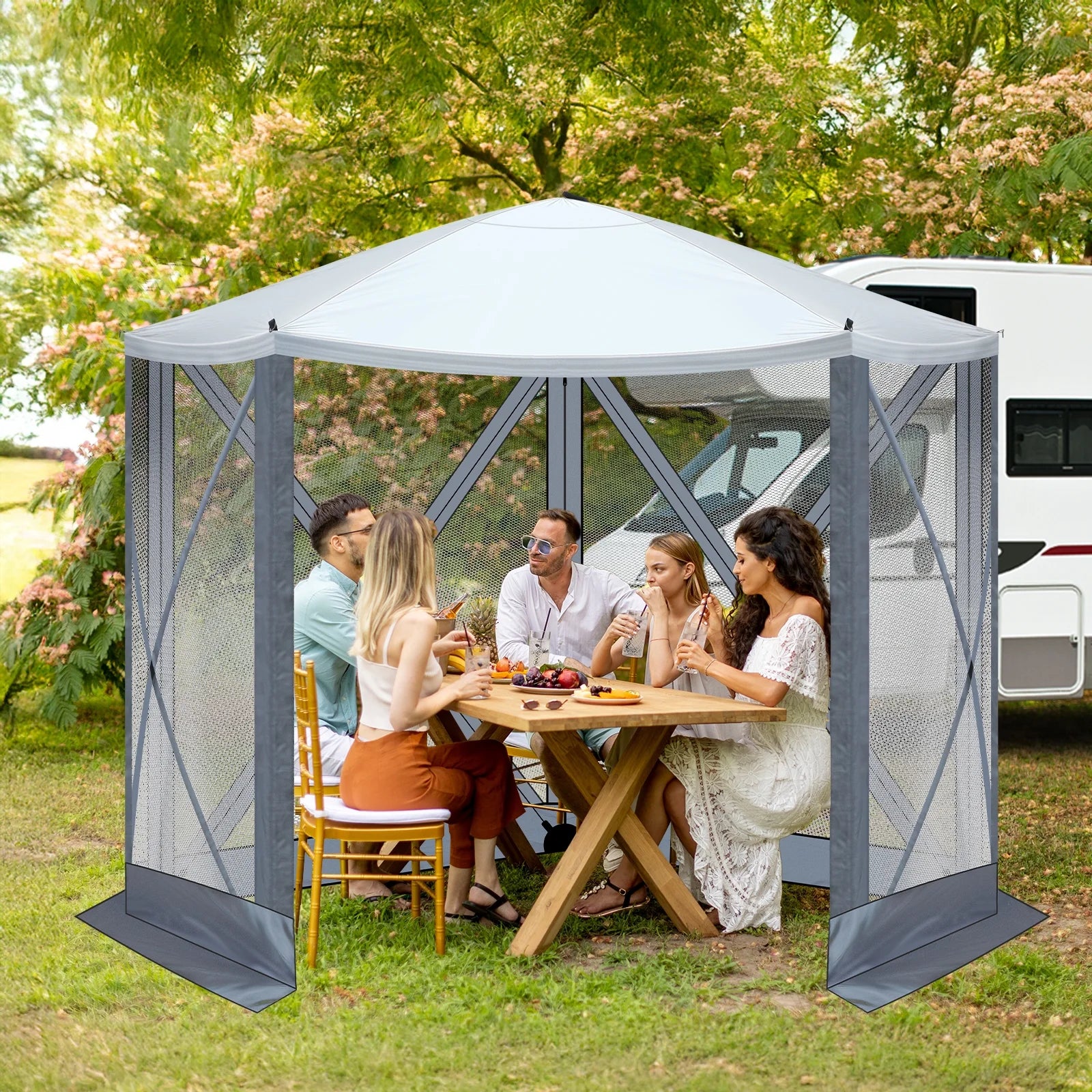 10'x10' Outdoor Pop-Up Camping Canopy - UV & Waterproof, 5 Mesh Sidewalls, Portable with Carrying Bag for Camping,Patio,Lawn, Gray