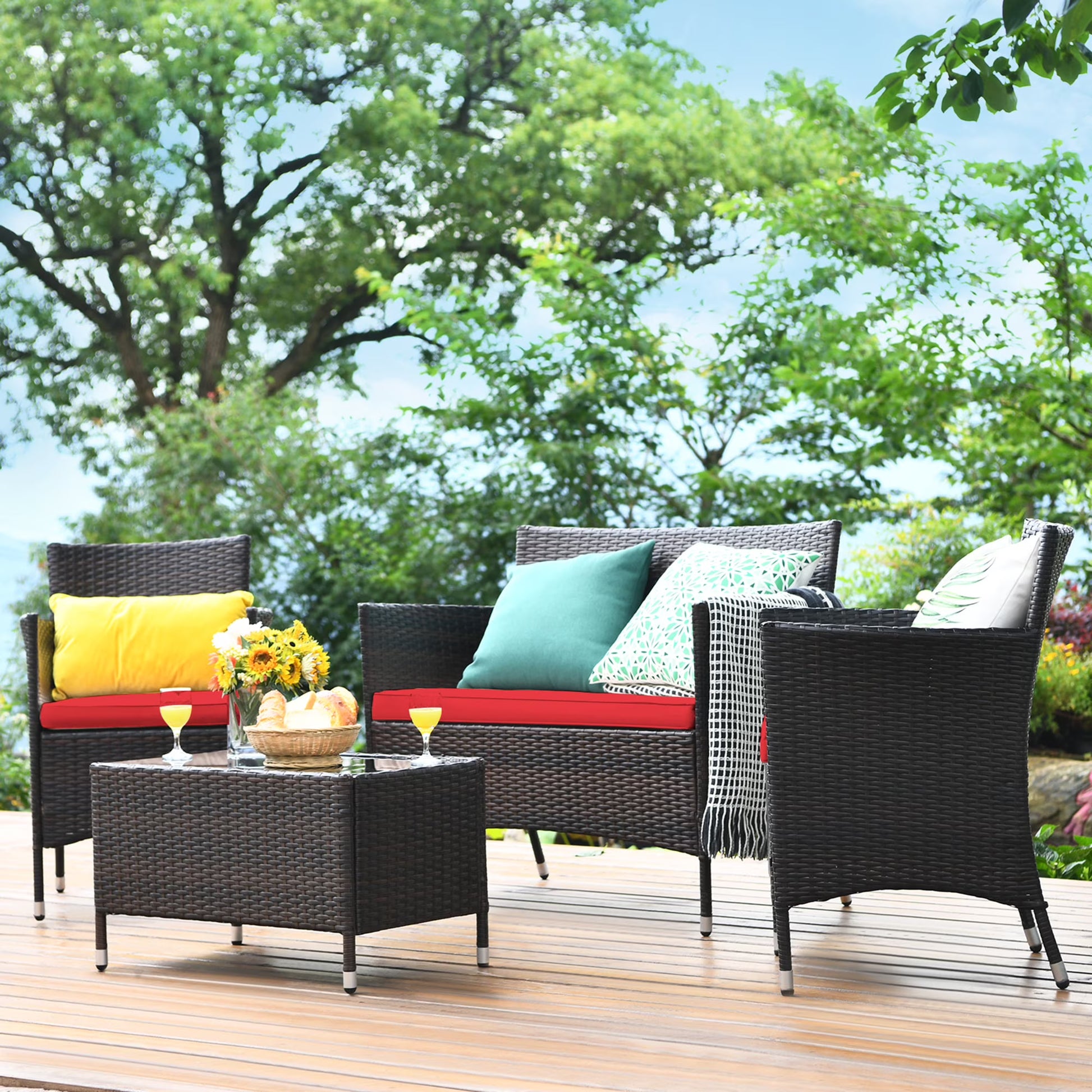 Gymax 4PCS Patio Rattan Outdoor Furniture Set w/Cushioned Chair Loveseat Table