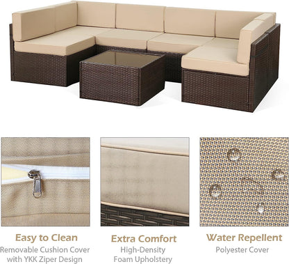 YODOLLA 7 Pc Patio Furniture Set in Beige Cushion& Black PE Rattan Outdoor Sectional Sofa Couch Patio Conversation Set with Table