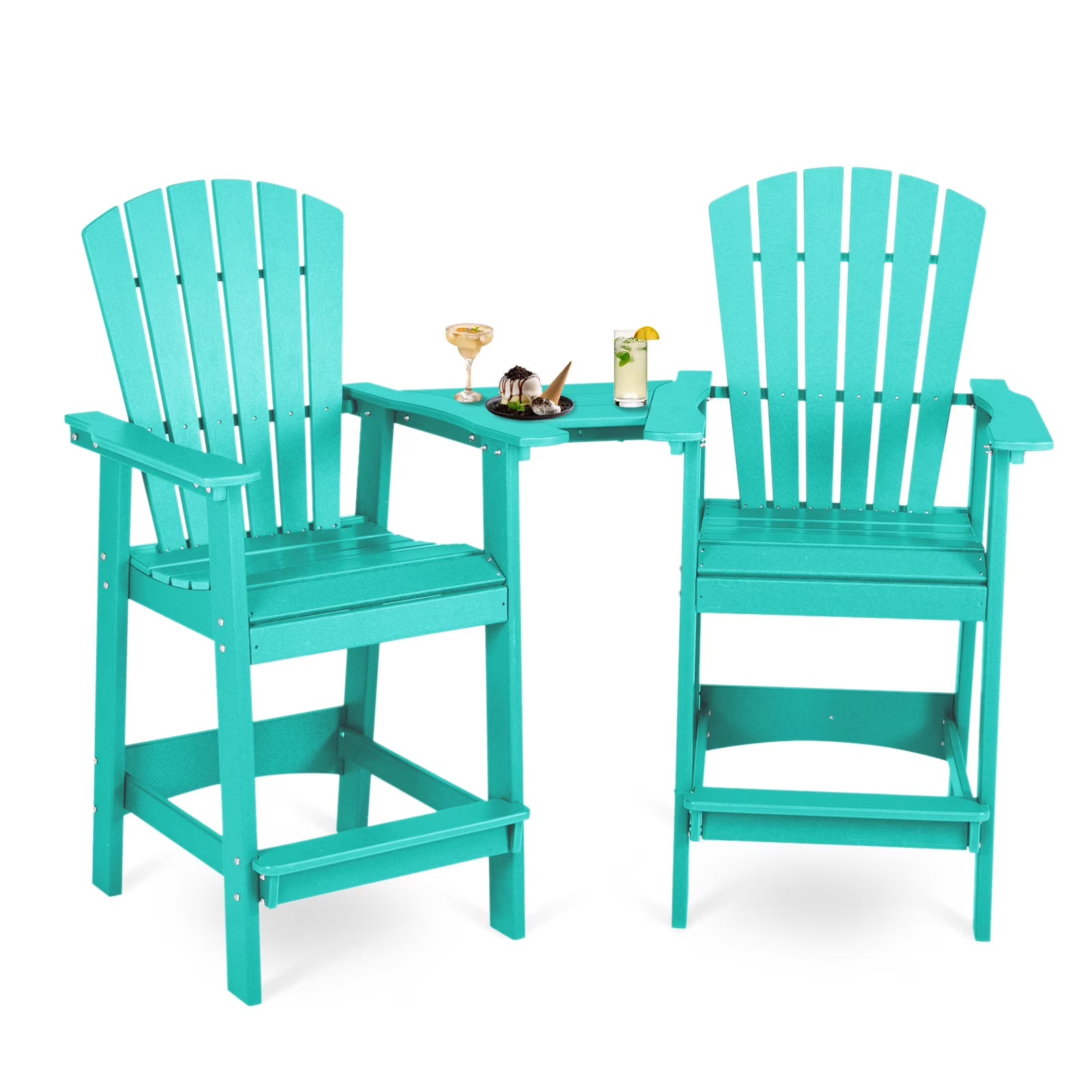 Aoodor Tall Adirondack Chairs Set of 2, HDPE Outdoor Bar Stools with Connecting Tray, Patio Furniture for Backyard, Garden, or Balcony (Gray)