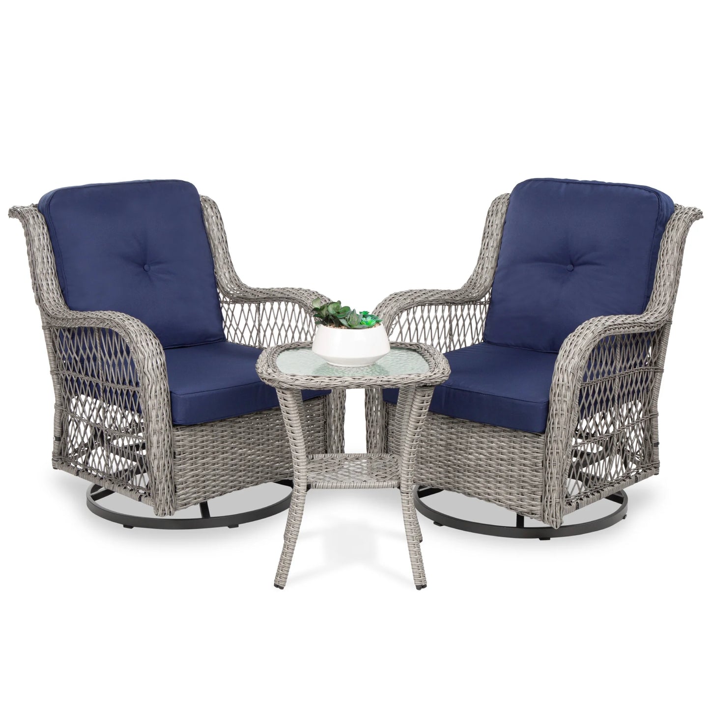 Best Choice Products 3-Piece Patio Wicker Bistro Furniture Set w/2 Cushioned Swivel Rocking Chairs, Side Table - Rust