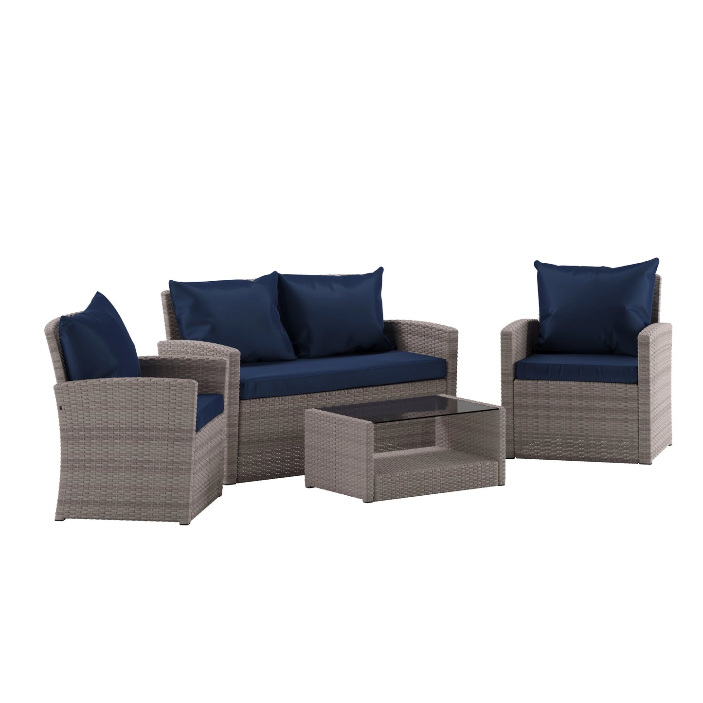 Flash Furniture Aransas Series 4 Piece Light Gray Patio Set with Navy Back Pillows and Seat Cushions