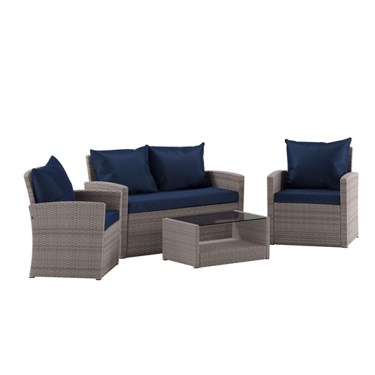 Flash Furniture Aransas Series 4 Piece Light Gray Patio Set with Navy Back Pillows and Seat Cushions