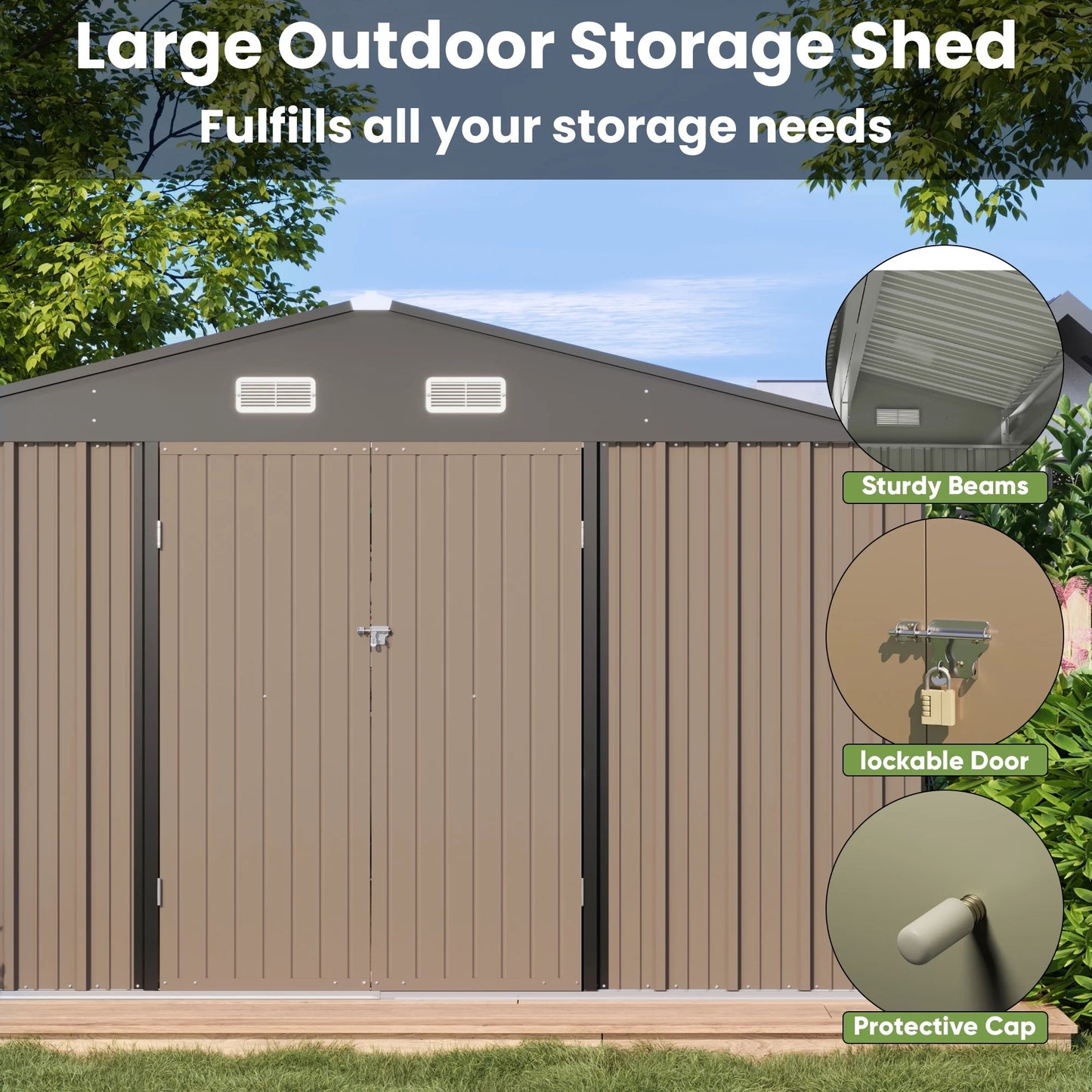 Patiowell 10 x 10 ft Outdoor Storage Metal Shed with Sloping Roof and Double Lockable Door, Brown