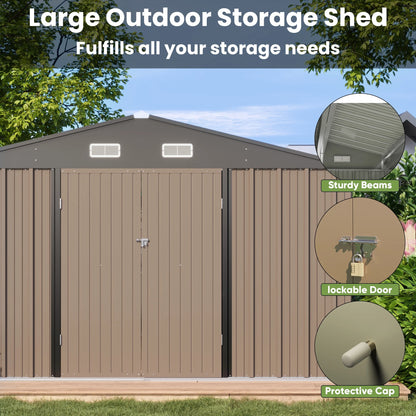 Patiowell 10 x 10 ft Outdoor Storage Metal Shed with Sloping Roof and Double Lockable Door, Brown