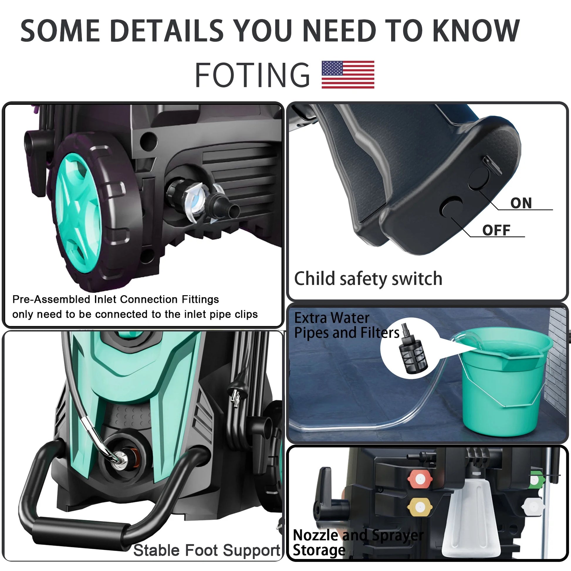 FOTING Electric Pressure Washer 4300 PSI 2.8 GPM, 2024 23ft Hose 35ft Power Cord,Upgraded Power Washer with 6ft Inlet, 4 Nozzle and Detergent Tank for Cars, Fences, Patio