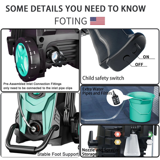 FOTING Electric Pressure Washer 4300 PSI 2.8 GPM, 2024 23ft Hose 35ft Power Cord,Upgraded Power Washer with 6ft Inlet, 4 Nozzle and Detergent Tank for Cars, Fences, Patio