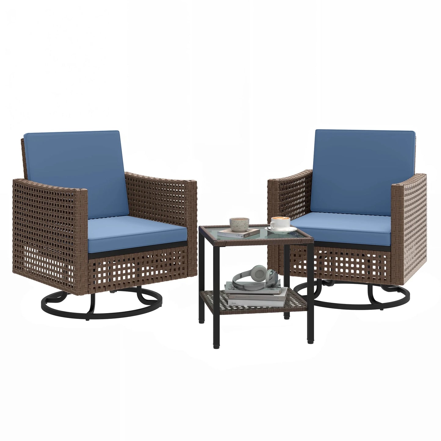Dextrus Patio Swivel Chairs, Outdoor Wicker Swivel Glider Rocking Chairs set of 2 with Side Table,Bistro Swive Chairs Set for Porch Deck - Blue