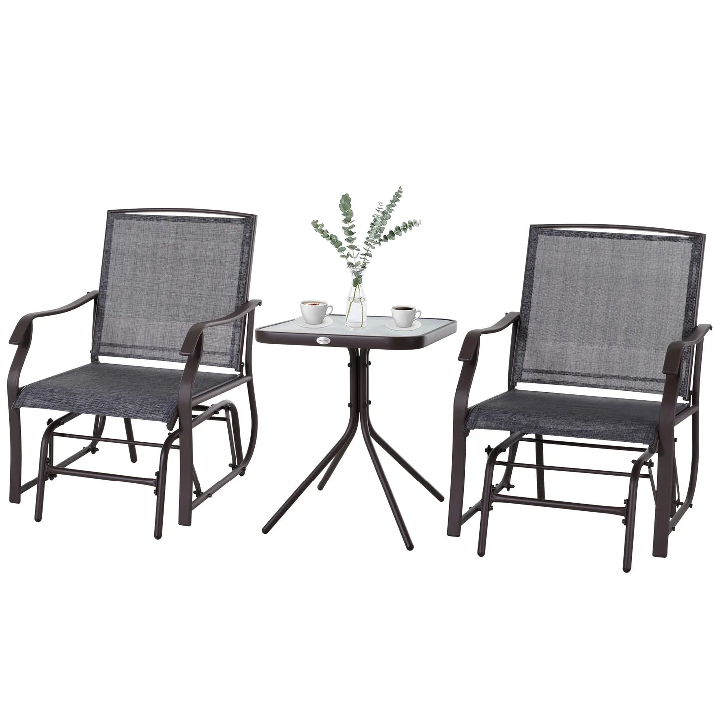 Outsunny Set of 3 Rocking Glider Chair w/Table Mesh Patio Outdoor Furniture, Gray