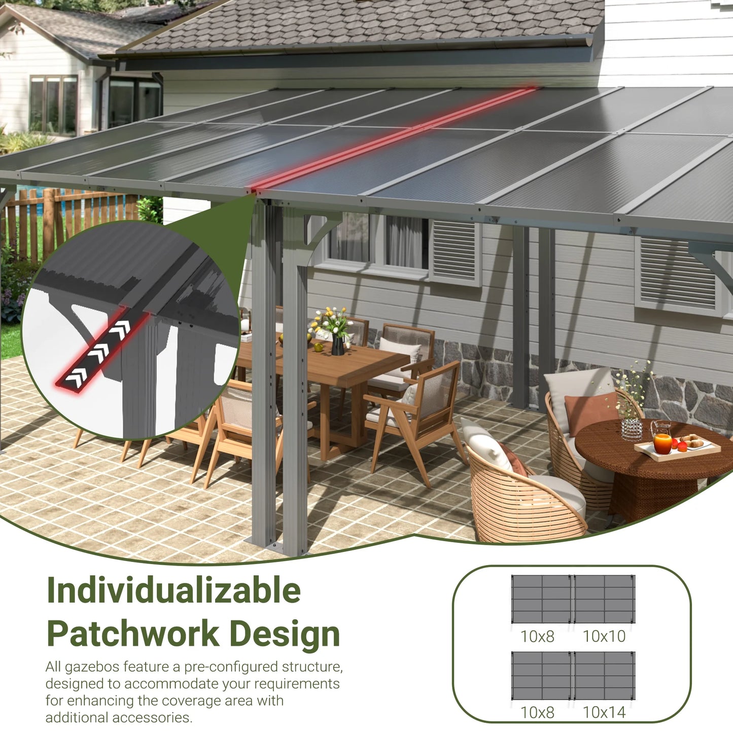 NETAJE 10'x14' Outdoor Splicable Gazebo, Hardtop Wall Mounted Gazebo & Pergola with Aluminum Frame and Sloping Roof, for Backyard, Deck, Patio-Gray