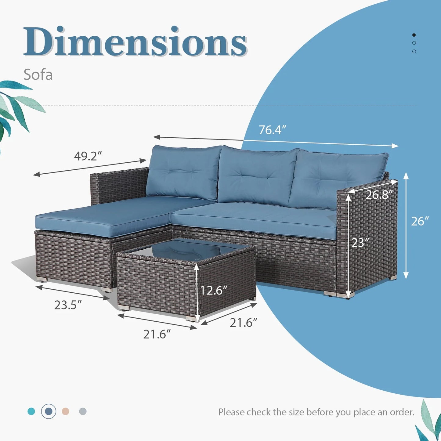 OC Orange-Casual 5-Piece Patio Furniture Set, Outdoor Sectional Sofa, Coffee Table, Dark Brown Rattan & Aegean Blue Cushion