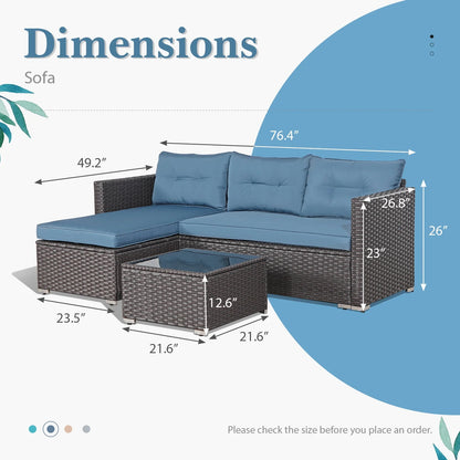OC Orange-Casual 5-Piece Patio Furniture Set, Outdoor Sectional Sofa, Coffee Table, Dark Brown Rattan & Aegean Blue Cushion