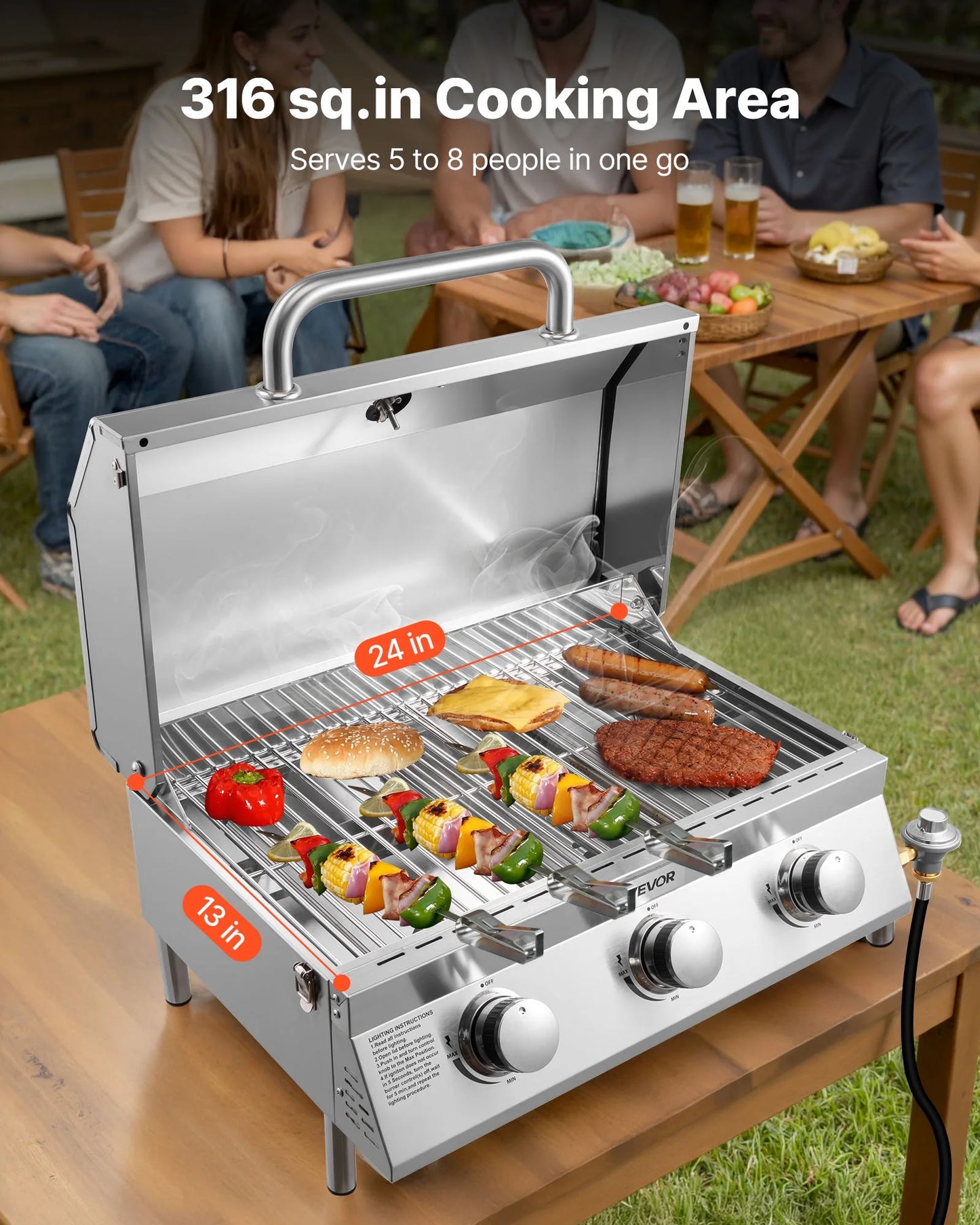 VEVOR Tabletop Gas Grill, 3-Burner Stainless Steel Portable Propane Grill, with Built-in Thermometer, Travel Locks, Weatherproof Lid, 22,500 BTU Total, for Outdoor Cooking,Patio,Party,Camping,RV