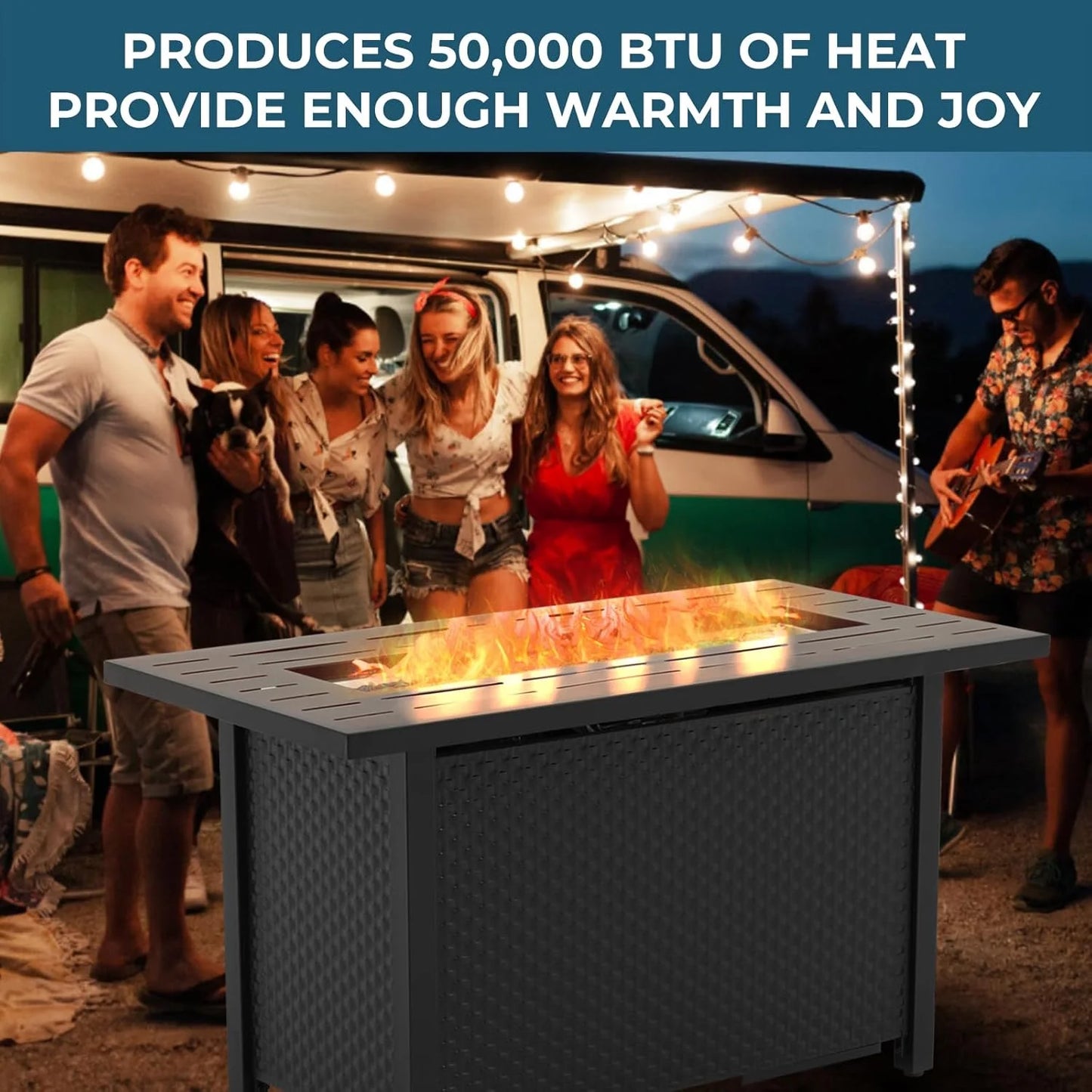 Simenmax 45'' Propane Fire Pit Table, 50,000 BTU Square Outdoor Gas Firepit with Steel Tabletop, Glass Wind Guard, Blue Glass Stone and Waterproof Cover for Garden, Patio, Deck, Yard