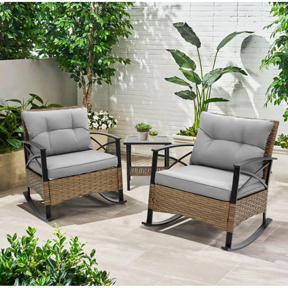 3 Pieces Patio Outdoor Conversation Set, Patio Furniture Bistro Set with 2-Tier Coffee Table, PE Wicker Rocking Chairs with Blue Cushions for for Backyard Porch Poolside