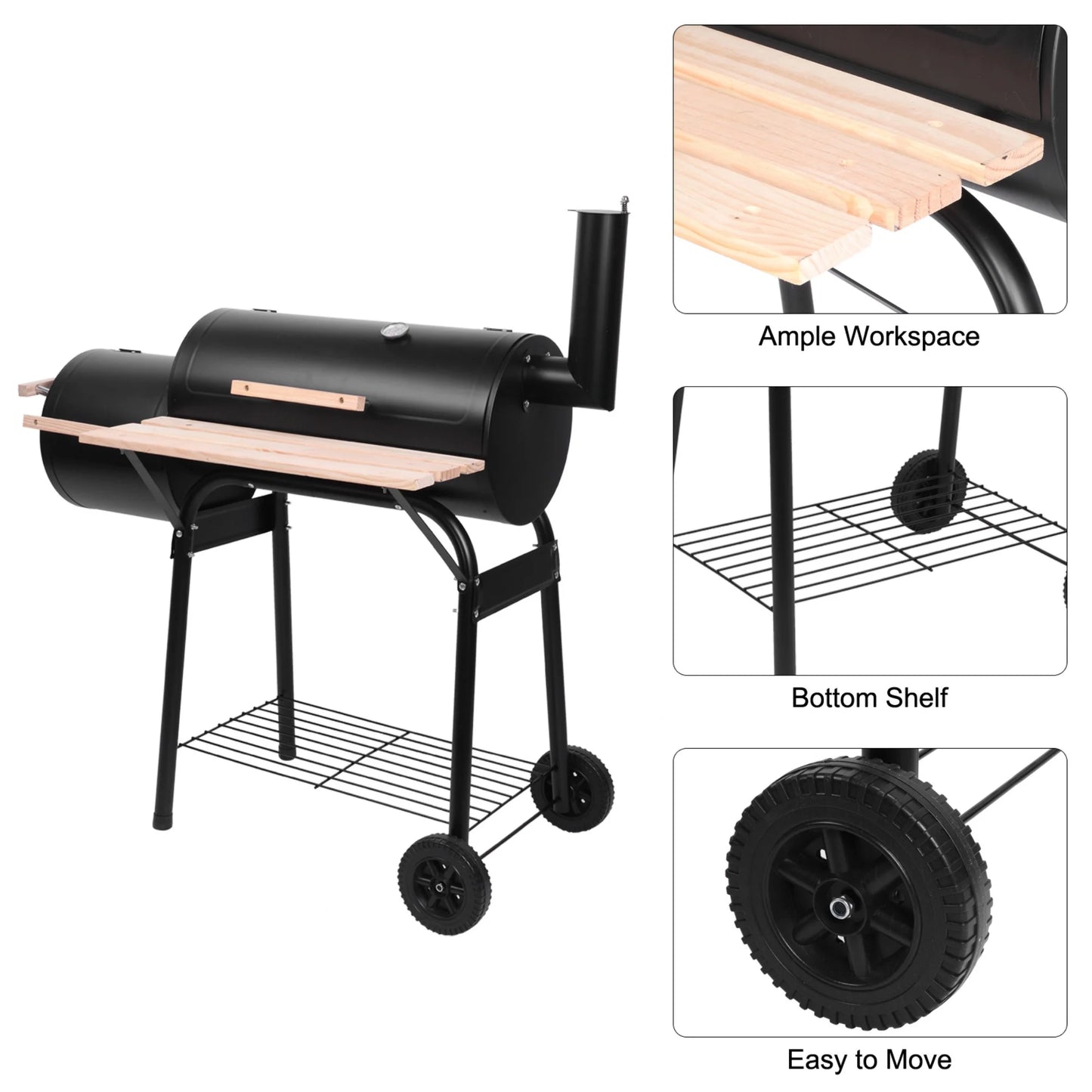 Barrel Charcoal Grill with Offset Smoker, BBQ Grill with Side Table and Wheels for Outdoor Camping, Garden, Patio and Backyard Barbecue Cooking, Black