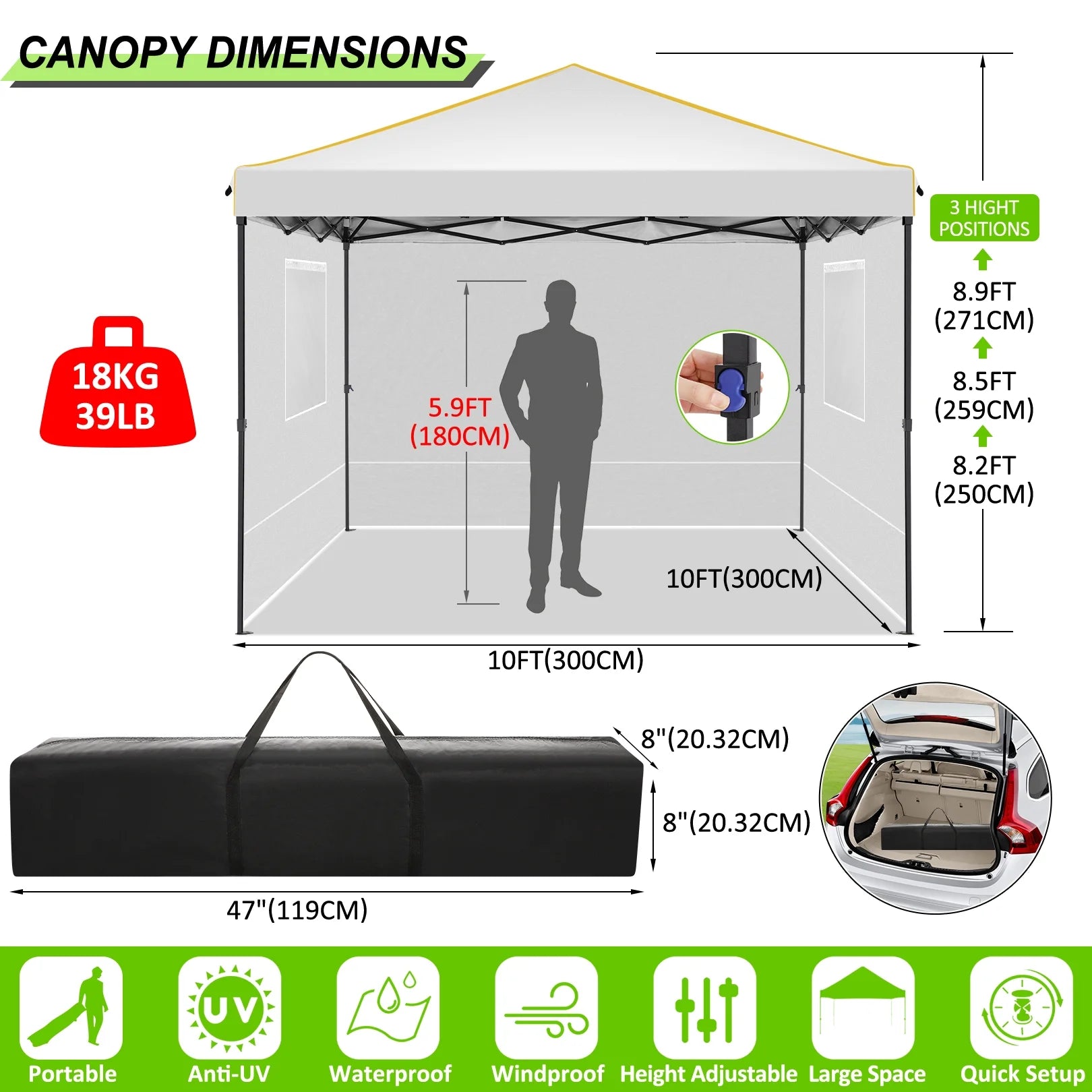 SANOPY 10' x 10' Pop up Canopy Tent with 4 Removable Sidewalls, Outdoor Patio Gazebo Tent with Handbag for Camping, Silver White