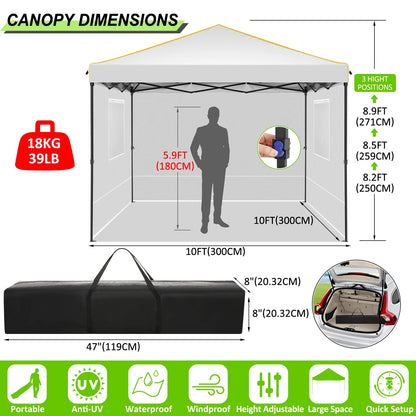 SANOPY 10' x 10' Pop up Canopy Tent with 4 Removable Sidewalls, Outdoor Patio Gazebo Tent with Handbag for Camping, Silver White