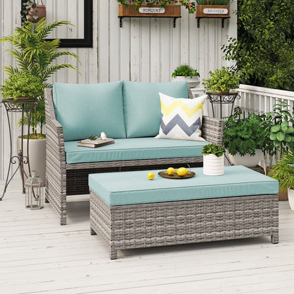 Outdoor Wicker Love Seat and Coffee Table Set, Weather Resistant Grey Rattan, Patio Furniture with Gray Cushions & Storage Bin