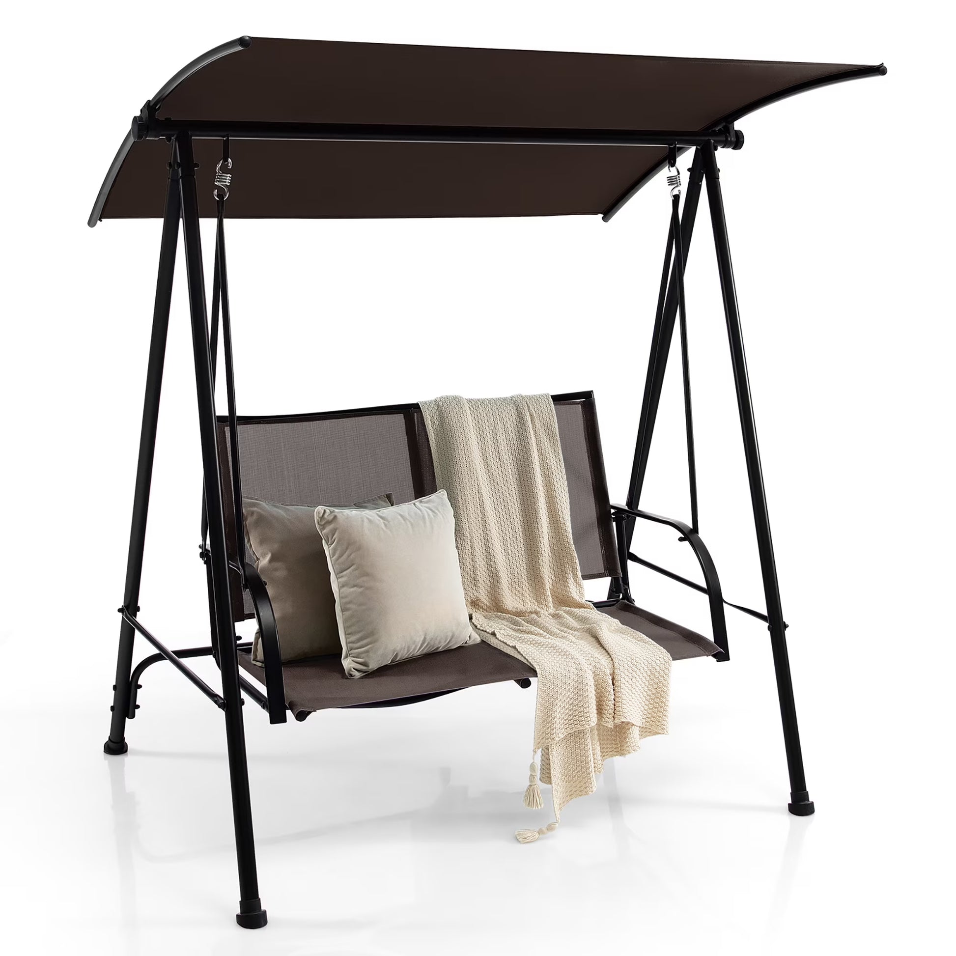 Costway 2-Seat Patio Swing Porch Swing with Adjustable Canopy for Garden Dark Beige